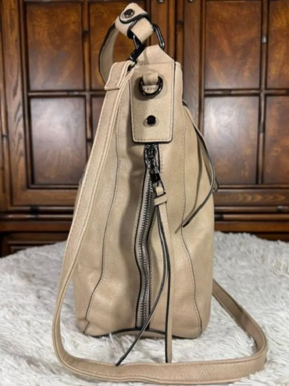 Taupe Tassel Pebble Texture Faux Leather Hobo Crossbody Shoulder Handbag
